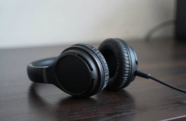 A close-up of a pair of high-quality professional studio headphones resting on a dark charcoal wooden desk, with a soft blur in the background in pale mist.