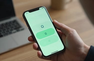 A person in a professional North American / US setting holding a smartphone that displays a modern, minimalist user interface with seafoam green buttons and dark slate navy text.