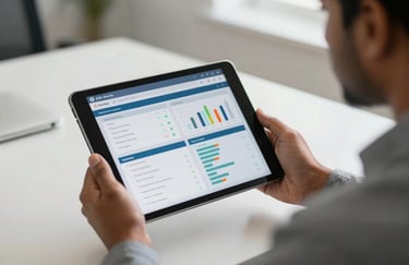 A close-up of a professional in business attire in a South Asian office environment, holding a digital tablet displaying high-tech hiring analytics, sharp focus, professional lighting.