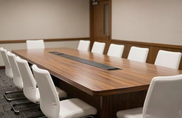 An organized conference room in a North American city with clean white chairs and a large wooden table, ready for a professional meeting.