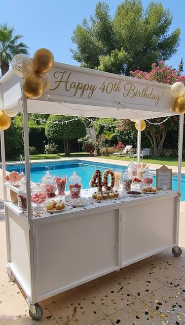 A white outdoor candy cart decorated for a 40th birthday party next to a luxury swimming pool.