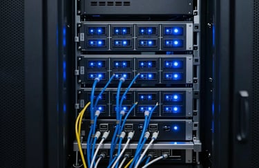 A close-up of a secure server room with blinking blue lights and neatly organized cables in a corporate North American facility, representing data security.