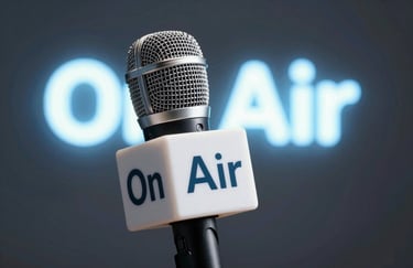 A close-up of a professional radio microphone with a 'On Air' light glowing softly in the background, using #C3D5E0 lighting accents for a fresh feel.