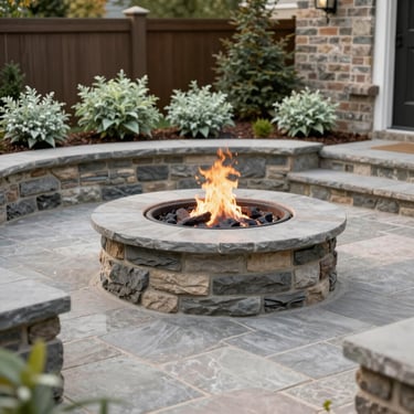 A beautifully crafted flagstone patio area with a built-in fire pit, surrounded by Pale Green landscaping elements in a sophisticated North American / US backyard.