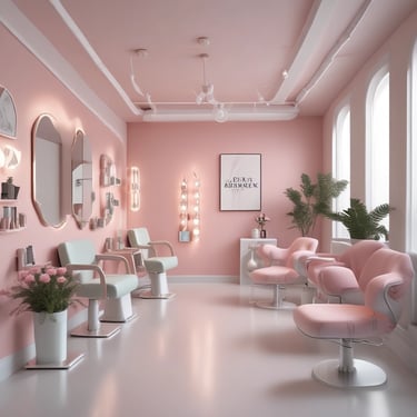 Bright and inviting aesthetic studio interior with soft pink and purple decor and golden accents.