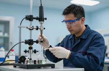 A technician wearing professional safety equipment in a Middle Eastern / Turkish industrial facility, performing a precision chemical test. The background is soft sky blue, clean and bright.