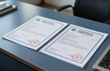 Close-up of official international quality certification stamps and documents on a professional steel blue desk in a Middle Eastern / Turkish corporate office. Sharp focus, corporate atmosphere.