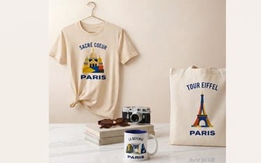 Paris souvenir collection featuring a Sacré-Coeur t-shirt, Eiffel Tower tote bag, and La Défense mug.