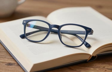 A pair of stylish glasses resting on an open book on a wooden surface, suggesting thought and insight. Soft, refined lighting highlights the brand color #BCCAD6.
