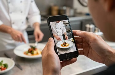 A professional social media manager's hands holding a smartphone, framing a shot of a chef preparing a dish in a modern kitchen. Professional, bright lighting.