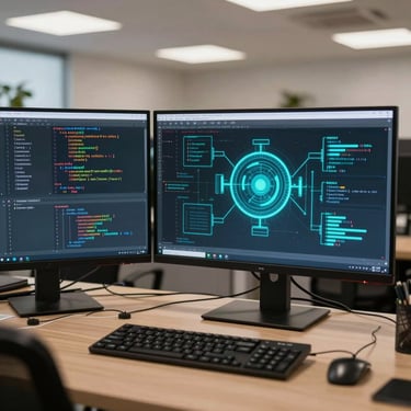 A modern South American Brazilian office workspace with multiple displays showing clean code and glowing cyan diagrams, representing sophisticated automation.