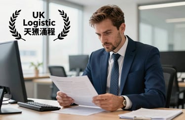 A professional logistics manager in a navy blue suit reviewing shipping documents at a desk in a bright, modern UK office.