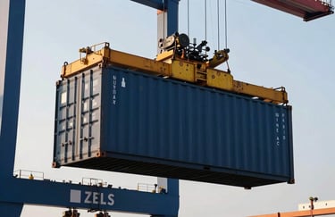 Industrial crane at the Qingdao port lifting a navy blue shipping container, shot in a professional, high-contrast style with crisp morning light.