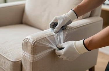 Close-up of a mover wearing professional gloves carefully securing a protective wrap around an upholstered armchair.