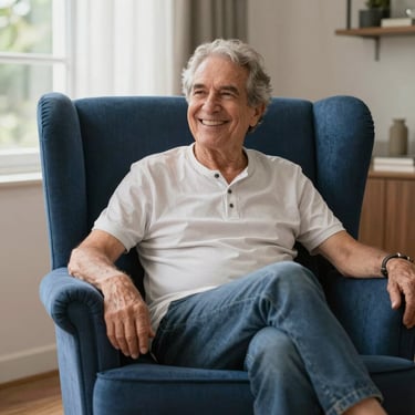 A smiling senior person sitting in a clean, navy blue armchair in a sunlit Brazilian living room. The person looks relaxed and happy, enjoying the comfort of a fresh and sanitized seat.
