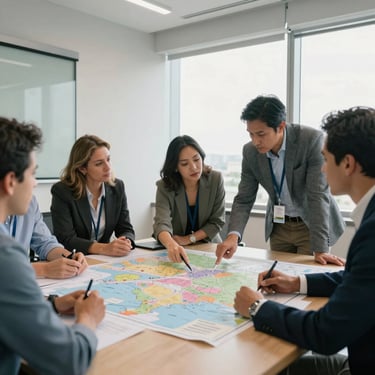 A diverse group of South American logistics professionals in a modern conference room discussing strategy over a large physical map, natural lighting, professional and reliable vibe.