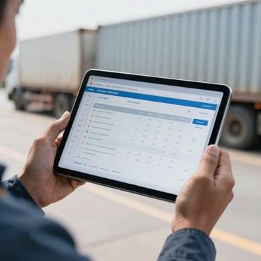 Close up of a professional logistics manager's hands holding a digital tablet displaying cargo tracking data, outdoors in a bright South American transport hub, light blue and grey tones.