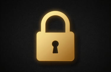 A digital padlock icon glowing in gold #C7B090 on a dark textured background, symbolizing cybersecurity and trust.