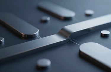 Abstract geometric shapes representing data flow and connectivity, metallic textures with #1C2E46 and #A8BECD hues, professional and technical.