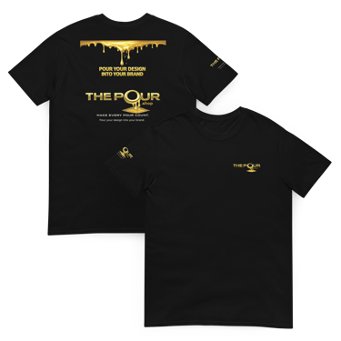 the pour shop logo printed black t shirts front and back