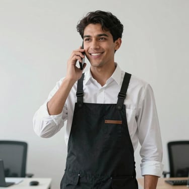 A friendly professional attendant in a clean, minimalist environment talking on a phone, representing trust and efficient South American service.