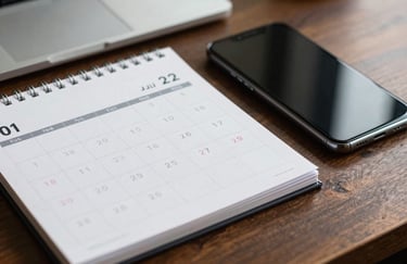 A focused shot of an organized desk calendar and a sleek smartphone in a high-end Portuguese business setting, symbolizing punctuality and reliability.