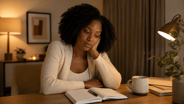 Black woman sitting at a desk in the evening with personal finance and debt reflection 