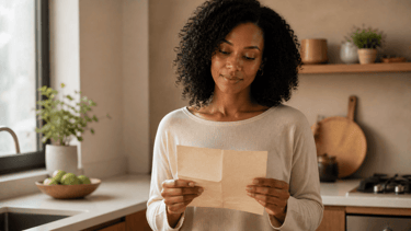 Black woman in a kitchen looking at a piece of paper with a calm knowing expression around finances.