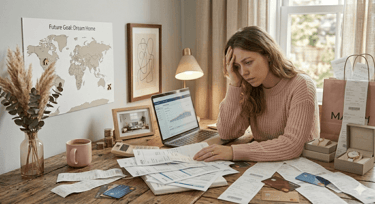Woman managing multiple financial responsibilities on a laptop, illustrating financial overwhelm