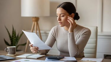 Woman feeling overwhelmed while reviewing bills and finances, representing financial stress 