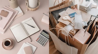 Shopping bags and receipts alongside budgeting tools showing lifestyle inflation and growing expense