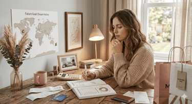 Woman journaling and reflecting on her finances in a calm setting, representing mindful money habits