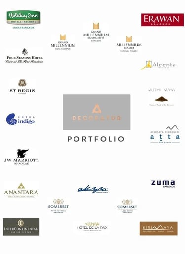 Portfolio showcase of luxury hotel and resort logos including Four Seasons, JW Marriott, and InterContinental.