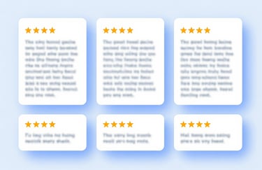 A collage of 5-star ratings and user review bubbles on a clean white-blue #F0F8FF background.