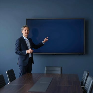 A professional North American consultant presenting data on a sleek, thin screen in a minimalist boardroom. Deep navy blue and slate blue color palette, clean lines.