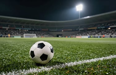 Action photography of a soccer ball on a high-quality green turf field under bright stadium floodlights at night, cinematic perspective, intense sports atmosphere.