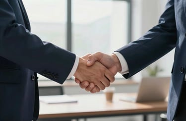 A professional handshake in a sunlit office, with the subjects wearing slate blue and dark navy suit sleeves.
