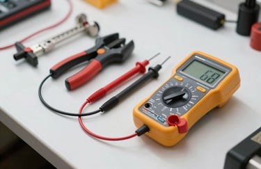 Close-up of professional electrical tools and a digital multimeter neatly organized on a cloud white surface in a Spanish workshop environment.