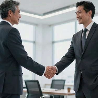 A high-quality photo of two executives shaking hands in a bright North American / Mexican office, wearing tailored suits, conveying trust and partnership.