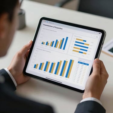 A close-up of a tablet displaying a clean, professional financial dashboard with gold and blue bar charts, held by a person in formal attire in a North American / Mexican office setting.