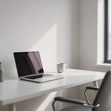 A high-end, minimalist home office in a North American / US apartment, featuring a clean white desk, a premium laptop, and an ergonomic chair. Soft natural light.