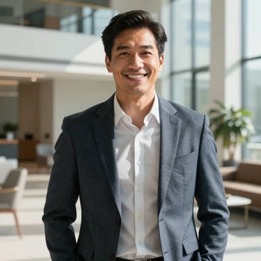 A professional North American / US business person in a smart-casual blazer smiling confidently in a modern, sunlit corporate lobby. Sharp focus, high-end photography style.