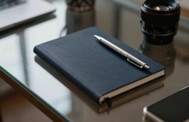 A minimalist workplace featuring a deep charcoal navy notepad and a silver pen on a glass-topped desk.