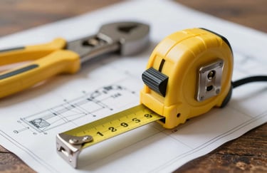 A macro shot of professional construction tools and high-quality blueprints laid on a dark wood surface. A focus on precision and expertise, with matte yellow #D9B130 highlights on the measuring tape.