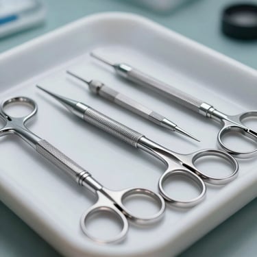 A close-up of precise surgical tools arranged on a sterile white tray, highlighting high-quality craftsmanship in a professional medical setting.