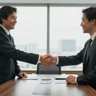 Two professionals in formal business attire shaking hands across a conference table in a bright, modern Brazilian office, symbolizing a successful agreement.