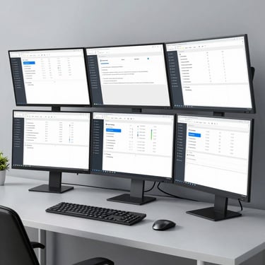 A professional workstation with multiple screens showing helpdesk dashboards, clean and organized modern European design, pale misty gray tones.