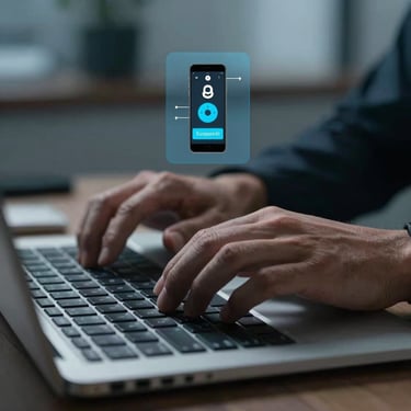 Close up of hands on a keyboard with a digital overlay showing remote connection, professional European office setting, muted steel blue lighting.