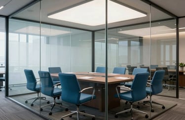 A clean, bright photograph of a modern glass-walled conference room in a North American / US business center. Accents of Ocean Blue are present in the chair fabrics. The style is sharp and professional.