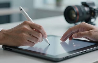 Photography of a designer’s hands using a stylus on a professional tablet in a North American / US tech office. The background is slightly blurred with soft Frost Blue tones.
